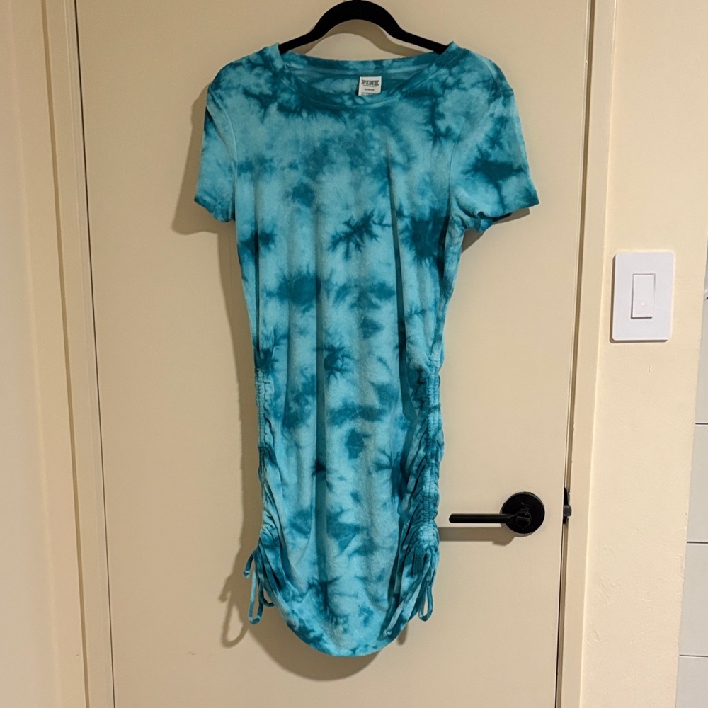 PINK Blue Tie-Dye Ruched Dress